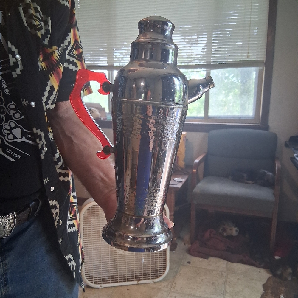 Vintage Silver Cocktail Shaker with Red Handle
